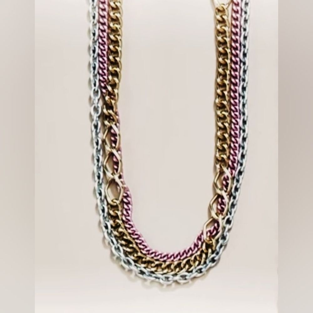 #Sabika Winter 2018 3-Row Silver Gold Rose Gold Chain Necklace # NWOT - Picture 2 of 5